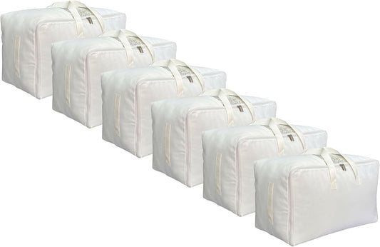Soft Large Canvas Comforter Storage Bags with Four Carrying Handles and Clear Window, Closet Organizer for Clothing, Blankets Sheets Pillows and Bedding, 80L, 6 Pack, White