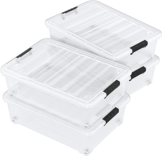 25 Quart Clear Underbed Storage Bins with Wheels, Stackable Plastic Latching Bin with Lid, 4 Packs