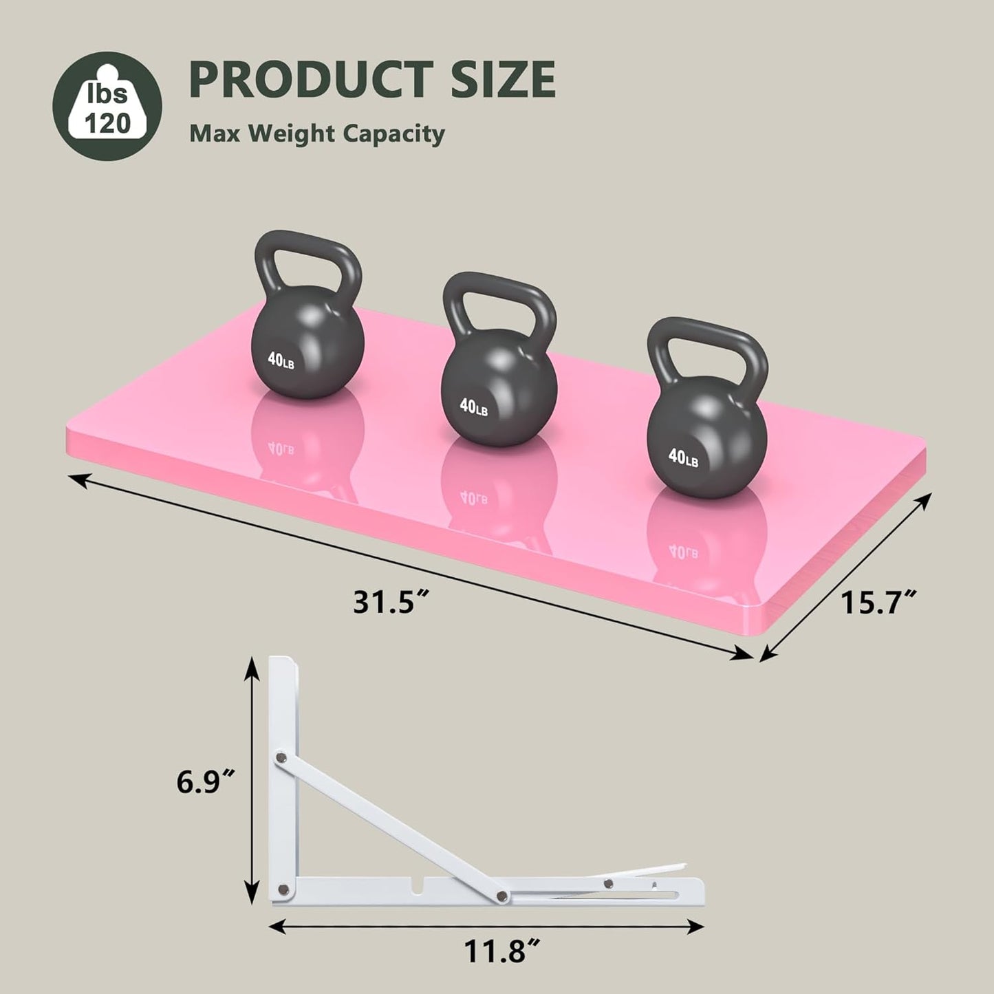 Clikuutory Wall Mounted High Gloss Folding Table, Wall Desk Fold Down for Small Spaces, Folding Workbench for Laundry Room, Home Office, Kitchen, Bedroom, Home Bar, Pink (31.5"×15.7")