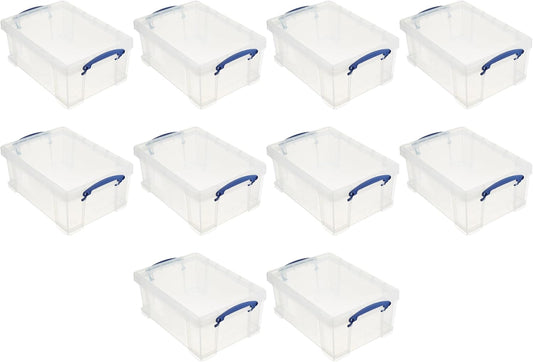 Really Useful Box Stackable 9 Liter Plastic Storage Container Bin with Snap Lid & Built-In Clip Lock Handles for Home & Office Organization (10 Pack)