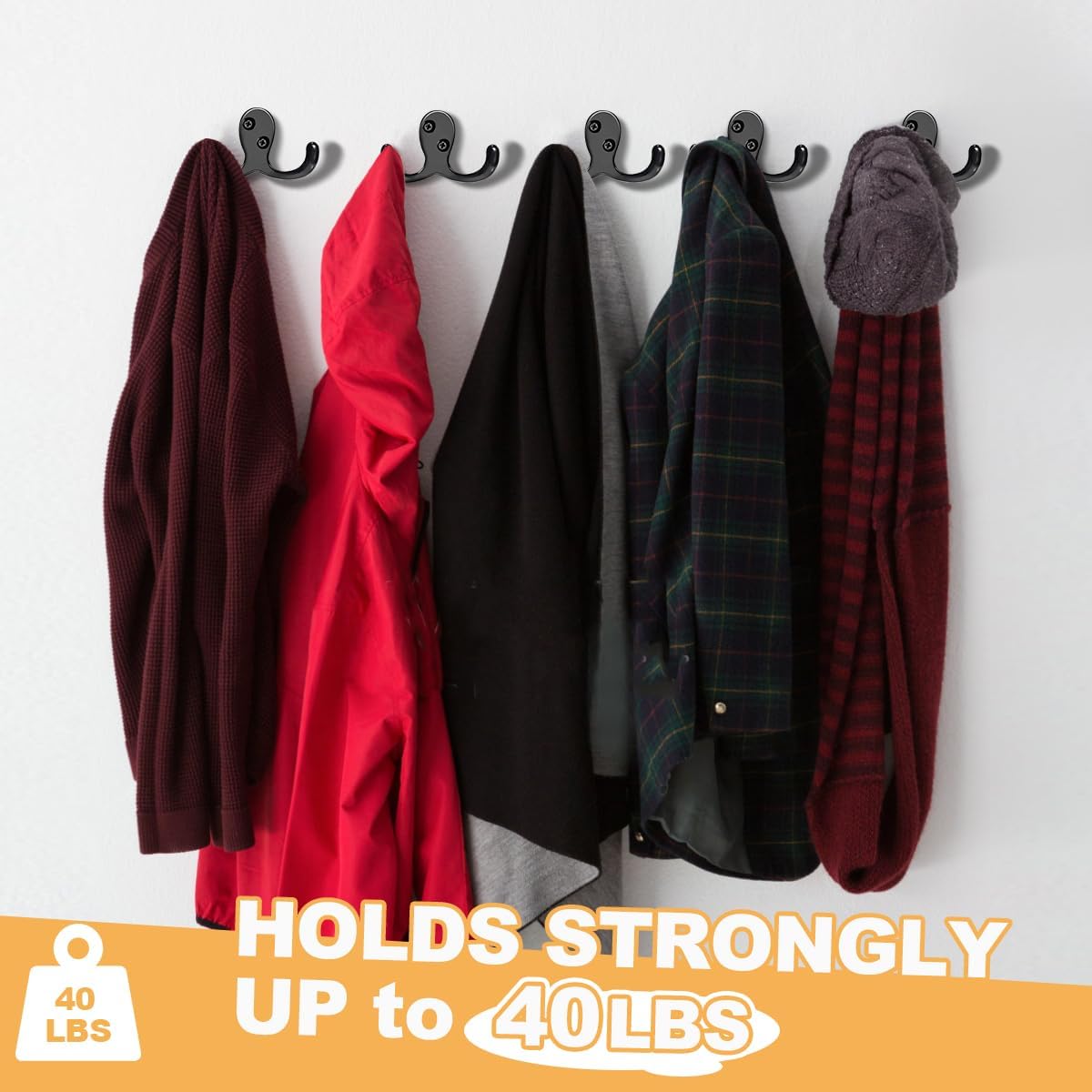 15 Pack Coat Hooks Wall Hooks for Hanging, Heavy Duty Double Prong Metal Hook Wall Mounted for Living Room, Bathroom, Kitchen, Bedroom for Coat, Bag, Scarf, Towel, Hat, Key, Cup (Black)