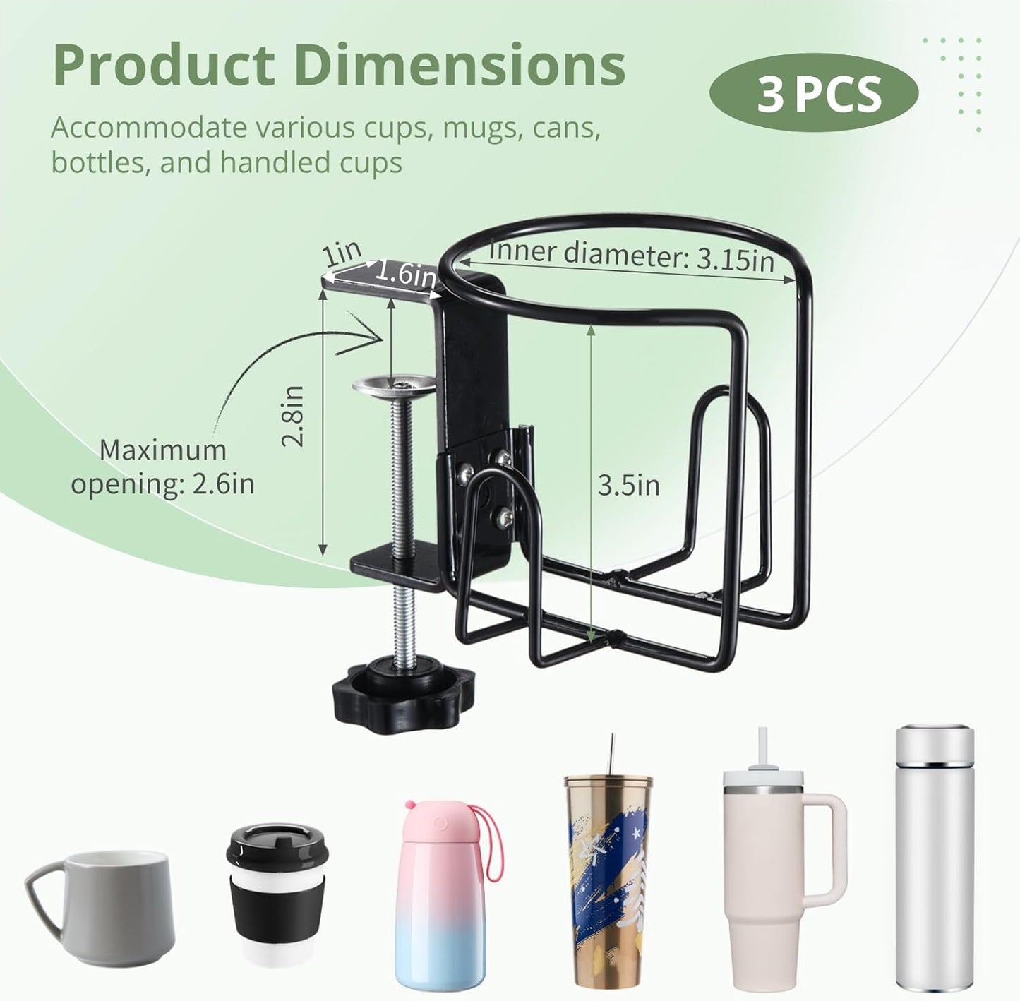 2 Pcs Desk Cup Holders, Anti-Spill Clamp-on Drink Mounts for Table, Adjustable Coffee Bottle Racks for Desks, Tables, Wheelchairs, Support Horizontal or Vertical Surface Mounting