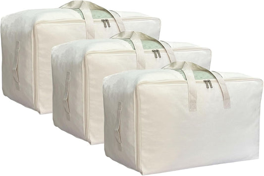 Soft Large Canvas Comforter Storage Bags with Four Carrying Handles and Clear Window, Closet Organizer for Clothing, Blankets Sheets Pillows and Bedding, 80L, 3 Pack, Beige