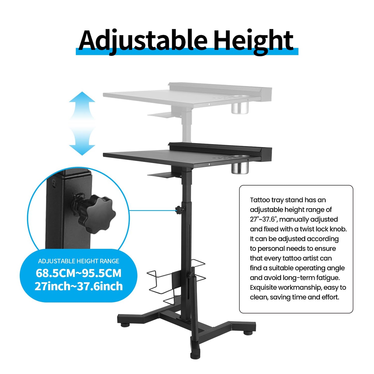 Tattoo Work Station Tattoo Salon Tray Cart Portable Work Table with Detachable Storage Shelf Tattoo Armrest Stand Adjustable Height Tattoo Stand Desk for Tattoo Supplies and Equipment