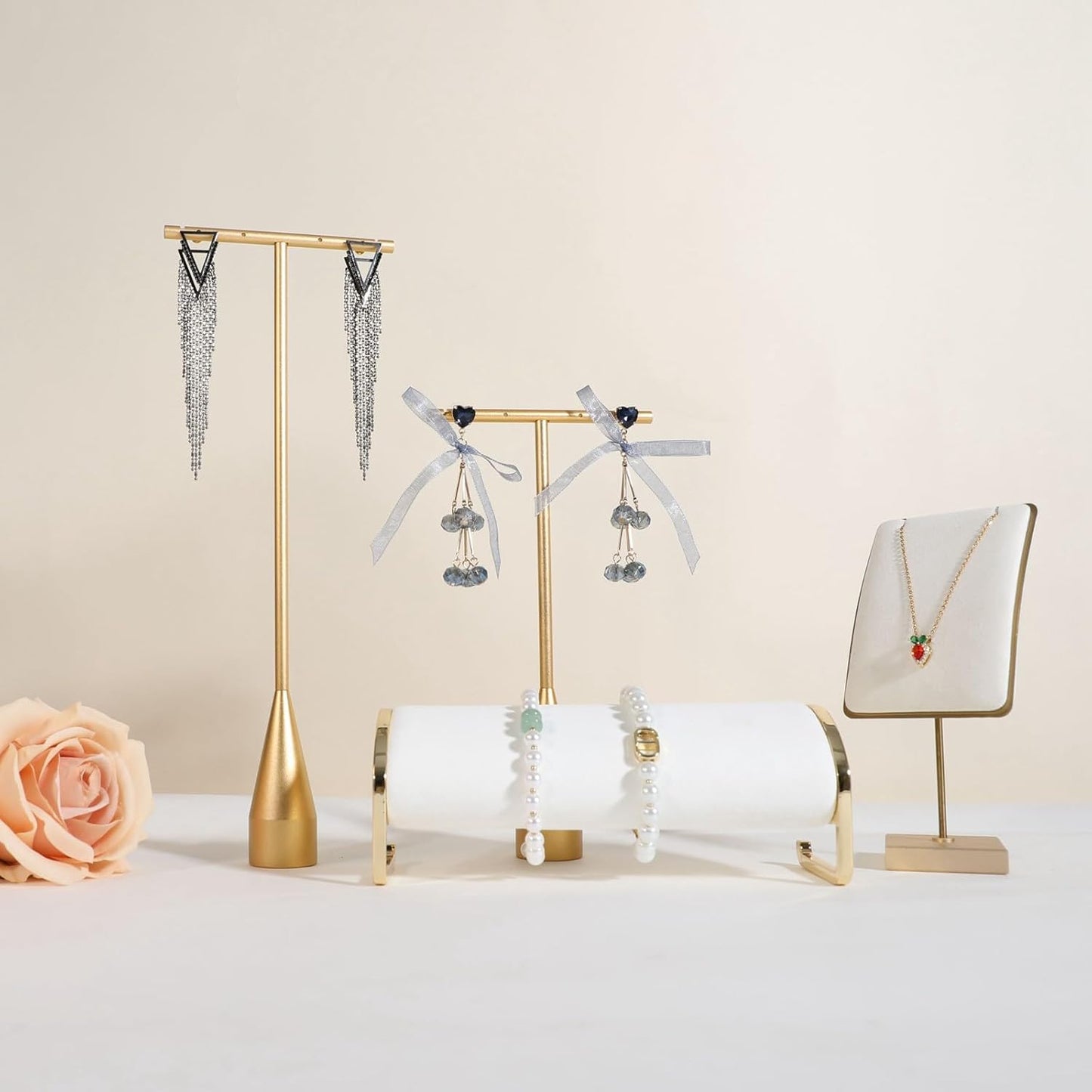 GemeShou 2pcs Gold earring display T bar stand, Big jewelry earring holders for Boutique Store, Jewelry holders high enough for long earring necklace【Gold-2pcs Height 7.9"and 11"-long horizontal bar】