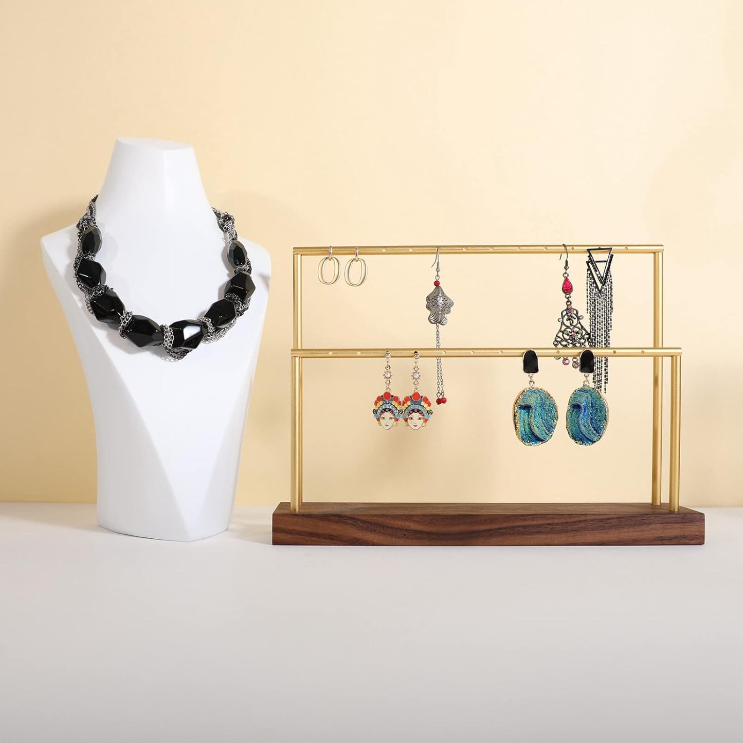 GemeShou wooden earring holder organizer for girls, walnut stud earring display stand for boutique store, jewelry storage organizer shelf【Walnut stand-Two Tiers】