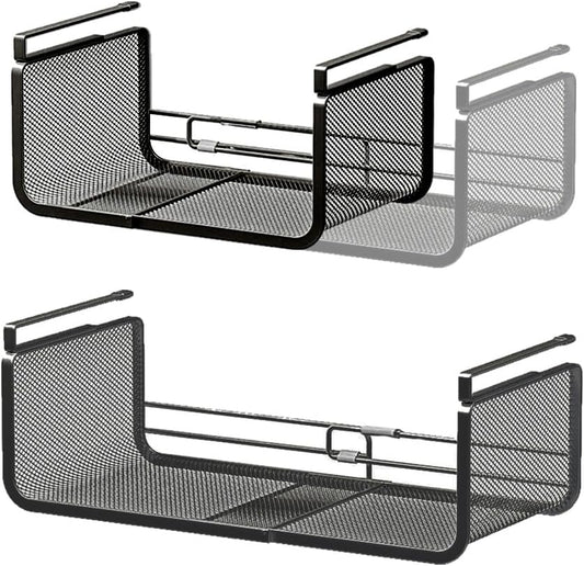 Expandable Under Shelf Basket Organizer, Under Shelf Storage, Hanging Baskets Under Cabinet for Pantry Kitchen Cupboard Desk Counter Bookshelf Space Saver Heavy Duty Slide-in (Black, 2 Pack)