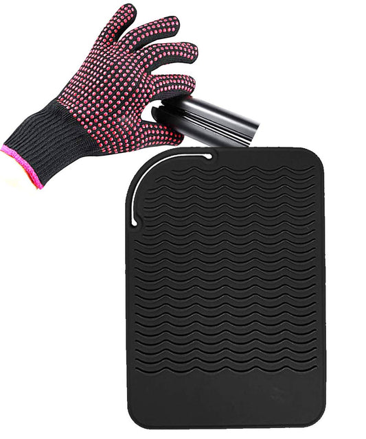 Heat Resistant Silicone Glove and Mat Set for Curling Iron, Hair Straightener, Flat Irons - 9" x 6.5" Food Grade Silicone Mat, Black