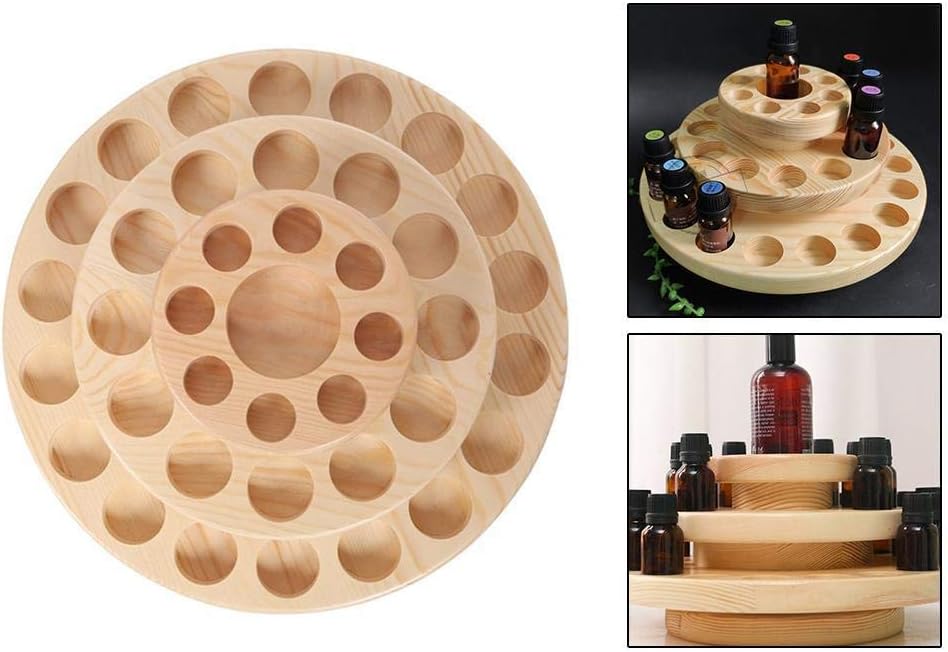 Hapivida Wooden Essential Oil Display Stand, 3-Tier 39 Slots Essential Oil Storage Box Round Rotating Case Holder Organizer Tray Essential Oil Bottle Holder Diffuser Holder Turntable