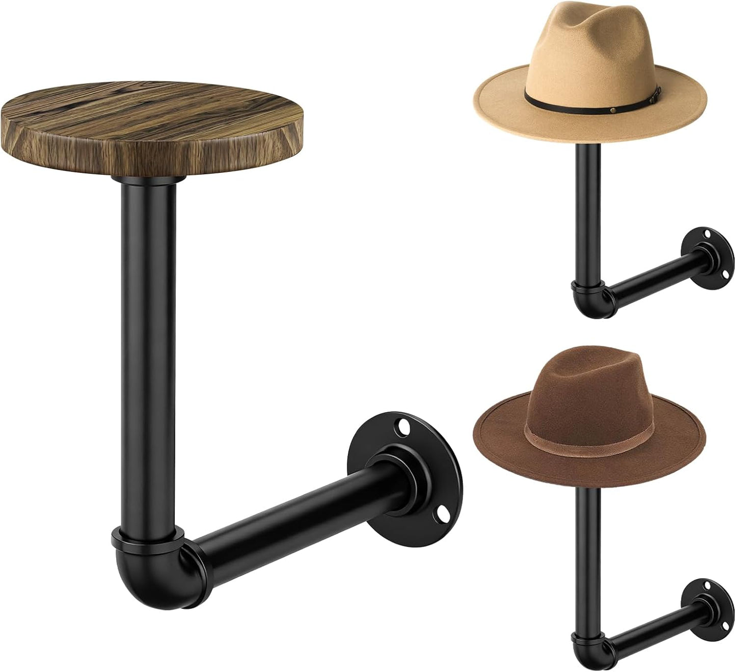 3PCS Cowboy Hat Rack Wall Mount, Wooden Western Rustic Metal Hanger, Wall Mounted Helmet Hanger for Multifunctional Display Hanger Stand for Cap Wig Hats, Fedora, Sun Hats