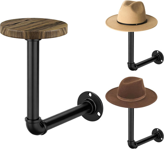 3PCS Cowboy Hat Rack Wall Mount, Wooden Western Rustic Metal Hanger, Wall Mounted Helmet Hanger for Multifunctional Display Hanger Stand for Cap Wig Hats, Fedora, Sun Hats