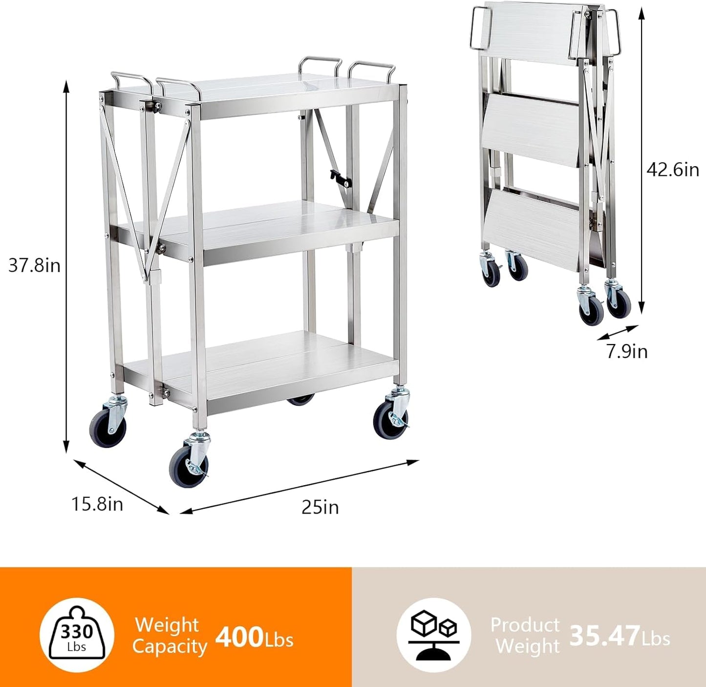 3 Tiers Folding Stainless Steel Utility Service Cart with Wheels-Heavy Duty 300LBS Outdoor Stainless Grill Cart,Kitchen Utility Carts and Service Trolley Carts