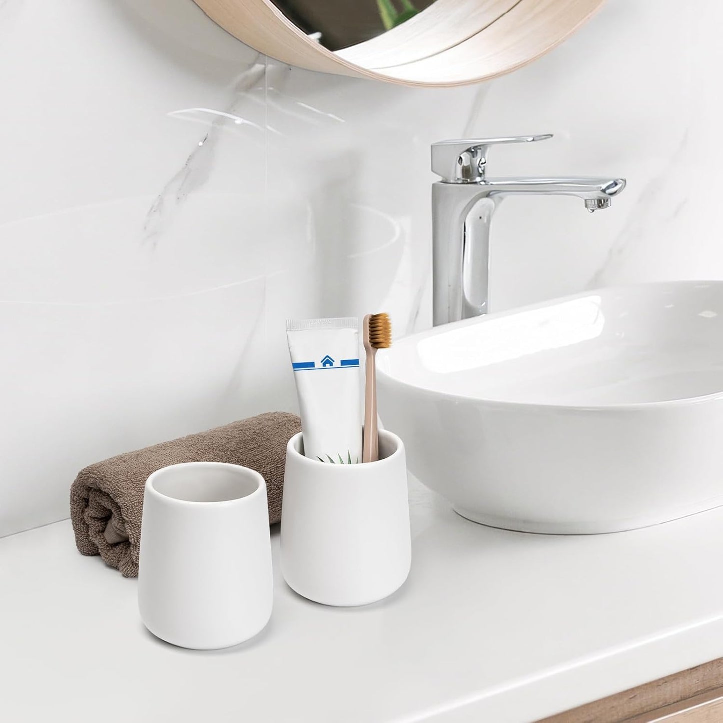 Bathroom Tumbler Cup Ceramic 2Pcs 13.5oz Reusable Toothbrush Cup 400ml, Toothbrush Holder Adequate for Your Bathroom (White)