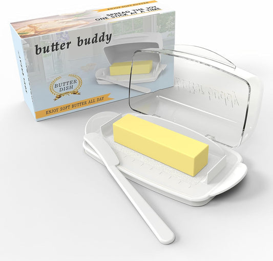 Butter Dish with Lid and Knife, Large Plastic Flip Top Butter Dishes Clear Hinged Lid, Easy Scooping Non-Slip Bottom