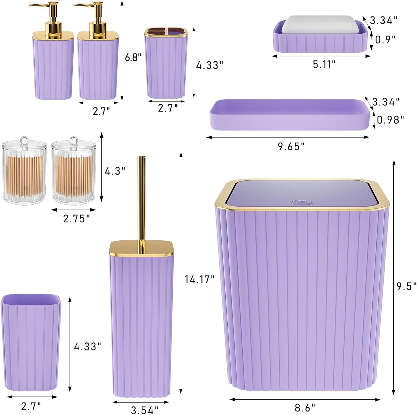 Bathroom Accessories Set - Gorgeous Bathroom Set, 10PC Purple Bathroom Accessory Set, Toilet Brush, Trash Can & Soap Dispenser