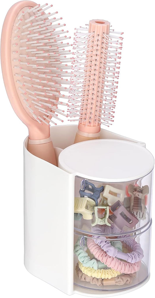 Hair Accessories Organizer with Hair Brush Holder Rotating Makeup Storage Container Plastic Desktop Storage Organizer for Hair Clip Tie, 2-Layer White