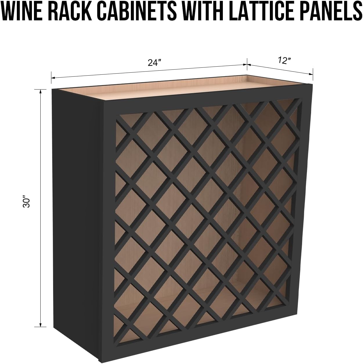 Solid Wood RTA Wine Bottle Rack Wall Cabinet with Lattice Panels - Bottle Holder Storage for Bar, Pantry, or Wine Cellar - Mocha finish Countertop Solution (Charcoal Black, 24'W 12'D 30'H)