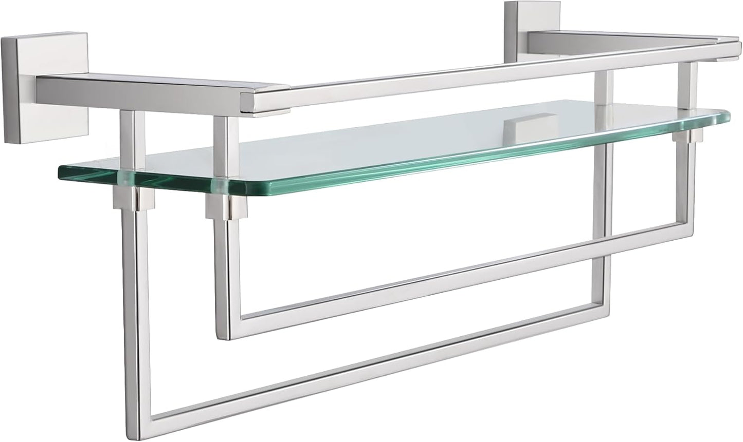 LANC Bathroom Shelf with Towel Bars - 20-Inch Silver Floating Tempered Glass Shelves with 2 Rails for Bathroom Kitchen Accessories Organizer Glass Rack Wall Mount Stainless Steel Chrome, A7617CP