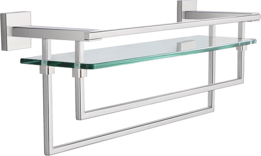 LANC Bathroom Shelf with Towel Bars - 20-Inch Silver Floating Tempered Glass Shelves with 2 Rails for Bathroom Kitchen Accessories Organizer Glass Rack Wall Mount Stainless Steel Chrome, A7617CP