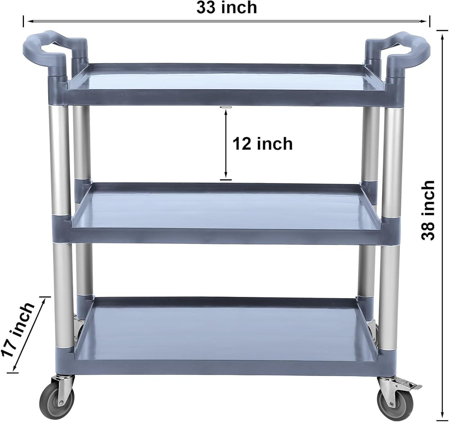 3-Tier Plastic Service Utility Cart with Wheels, Heavy Duty 3-Shelf Rolling Utility/Push Cart for Foodservice/Commercial/Restaurant/Office/Kitchen/Hotel, Grey