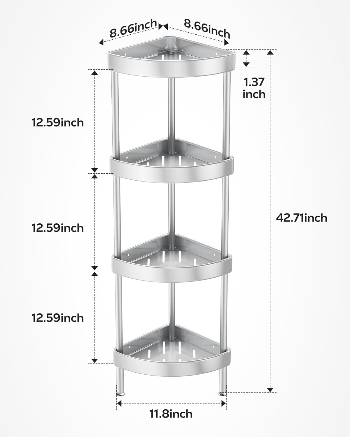 Nieifi Corner Shower Caddy Stand-4 Tier Rustproof Anodized Aluminum Standing Shower Organizer-Shower Caddy Corner-Dual Stability to Anti-Shaking-Height-Adjustable Legs for Uneven Surfaces-Silver