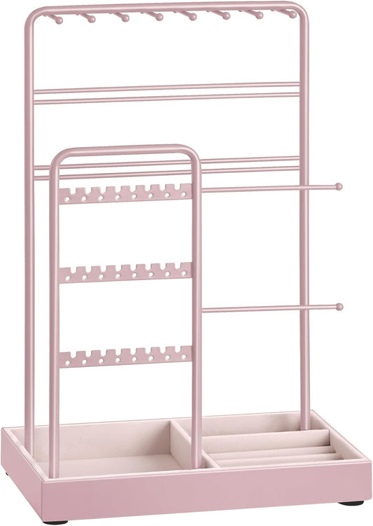 SONGMICS Jewelry Holder, Jewelry Organizer, Jewelry Display Stand with Metal Frame, Velvet Tray, Necklace Earring Bracelet Holder, for Studs, Rings, Christmas Gift, Jelly Pink UJJS021R01