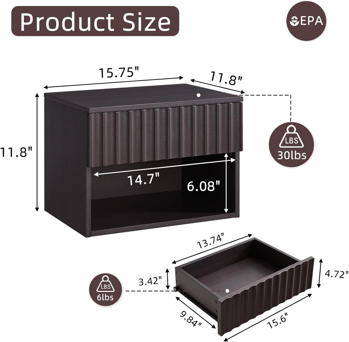 Floating Nightstand with Fluted Drawer - Modern Wall Mounted Bedside Table with Open Storage Shelf, Small Night Stand TV Stand for Bedroom(Espresso, Set of 2)