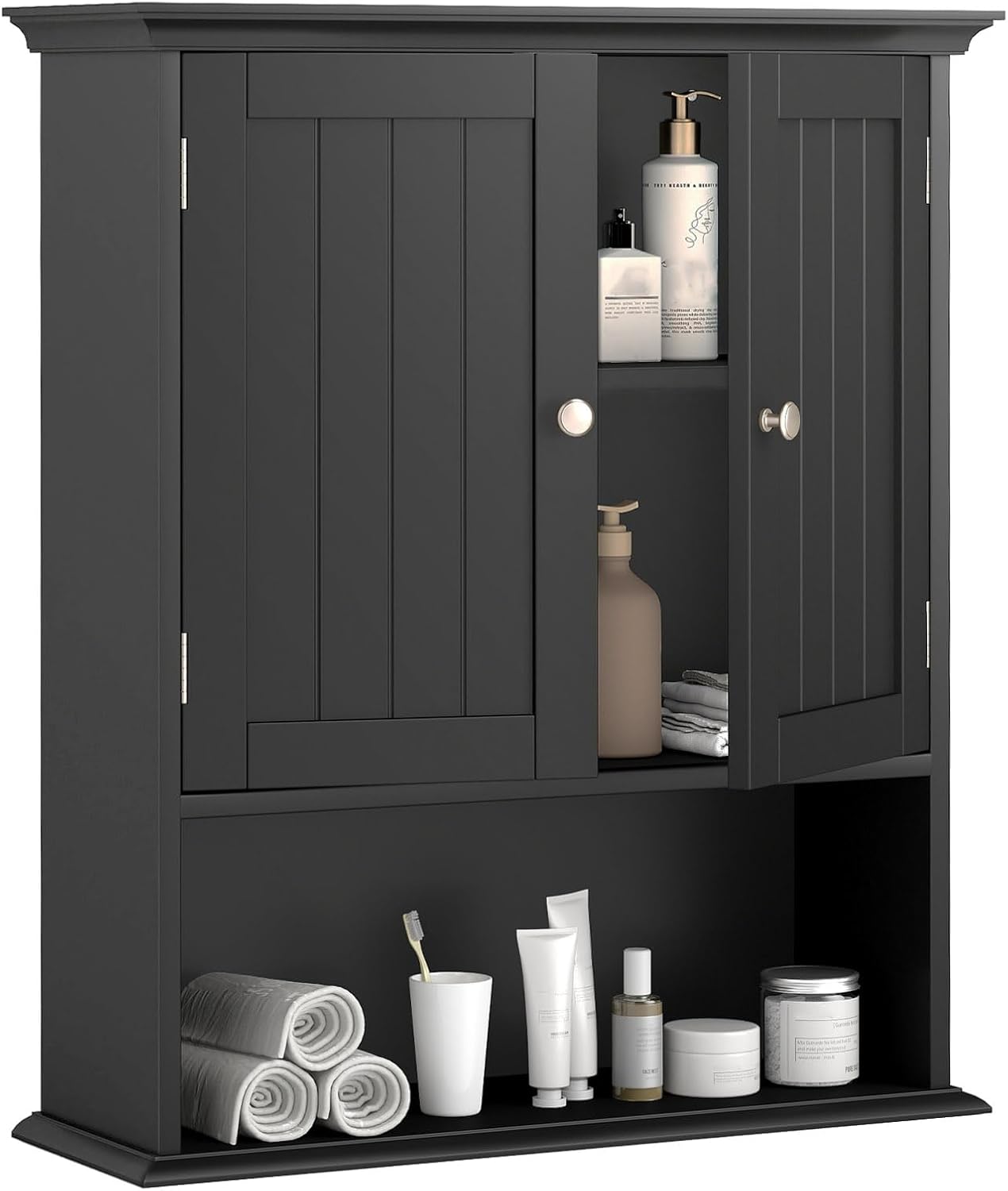 Tangkula Bathroom Wall Cabinet, Wooden Hanging Storage Cabinet with Doors & Shelves, Multipurpose Storage Cabinet for Restroom Kitchen Living Room, Wall Mounted Bathroom Medicine Cabinet (Black)