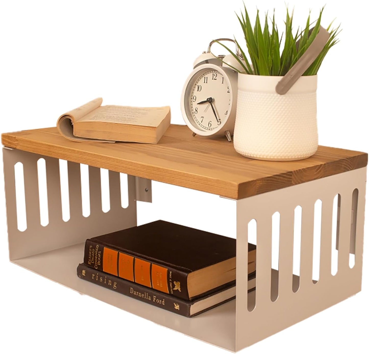 Floating Nightstand with White Metal Base, Wooden Top and Sturdy Metal Base, Minimalist Bedside Table, Wall Mounted Shelf, Bedside Shelf (Madrid)