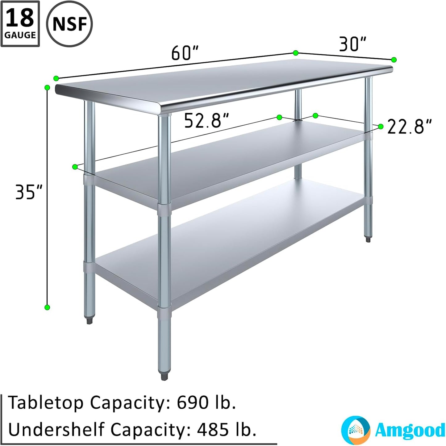 AmGood Stainless Steel Work Table with 2 Shelves | NSF | Metal Utility Table (60" Long x 30" Deep)