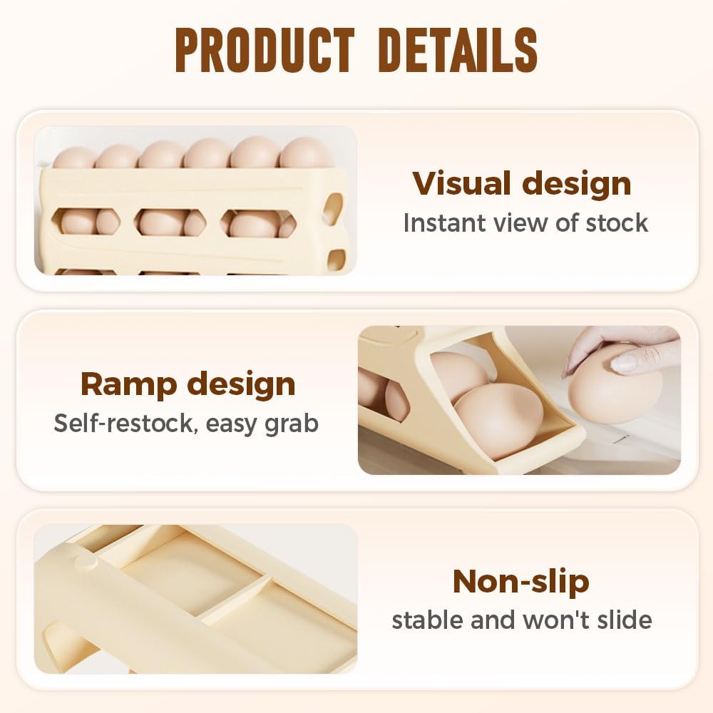 4-Tier Refrigerator Egg Holder, Automatic Gravity-Fed Rolling Egg Dispenser with Easy-Load Design, Space-Saving Fridge Organizer for Up to 30 Eggs, Kitchen & Pantry Storage Container (White) (white)