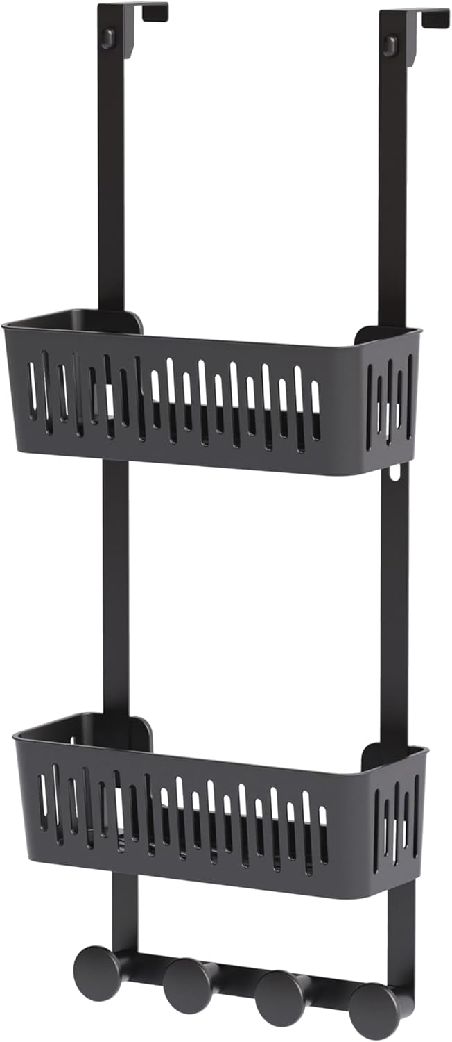 Zenna Home SnugFit Over the Door Caddy Organizer with 2 Storage Baskets and 4 Hooks, Over Door Hanging Organizer for Bathroom, Kitchen, Bedroom, Closet, Easy to Install, No Drilling, Black