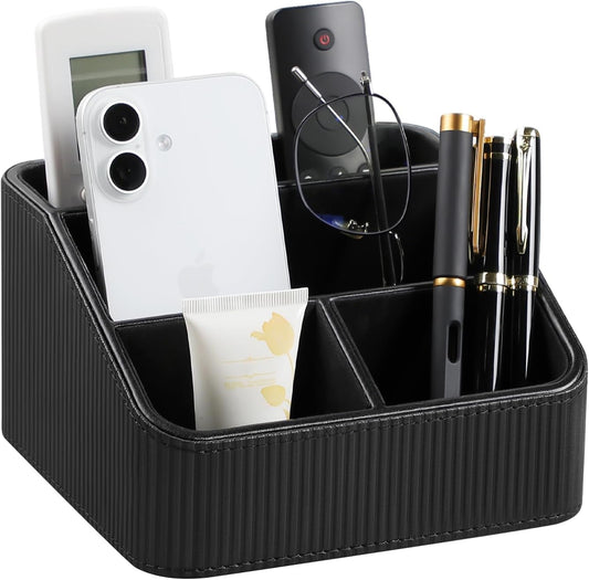 Remote Control Holder with 4 Compartments, PU Leather Small Nightstand Organizer for Home Desk Accessories Office Supplies, Multifunctional Stylish Small Bedside Desktop Organizers (Black)