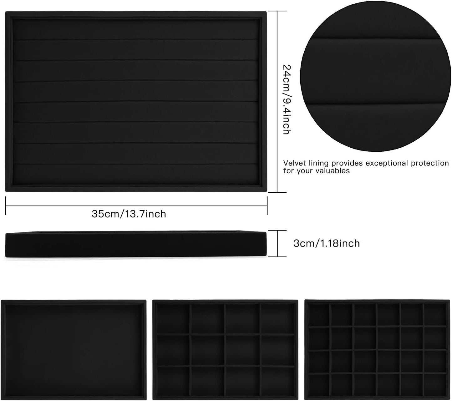 Lainrrew Jewelry Tray, 4 Pack Jewelry Organizer Velvet Jewelry Tray Stackable Jewelry Trays, Necklace & Earring Holder, Divided Bracelet & Ring Storage, 13.8"x9.5"x1.2" - Elegant Display Case (Black)