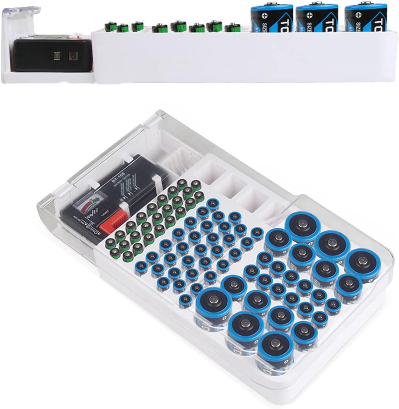 Battery Organizer Storage Box, with Capacity Test Instrument Soft Padding Battery Storage Case Holder