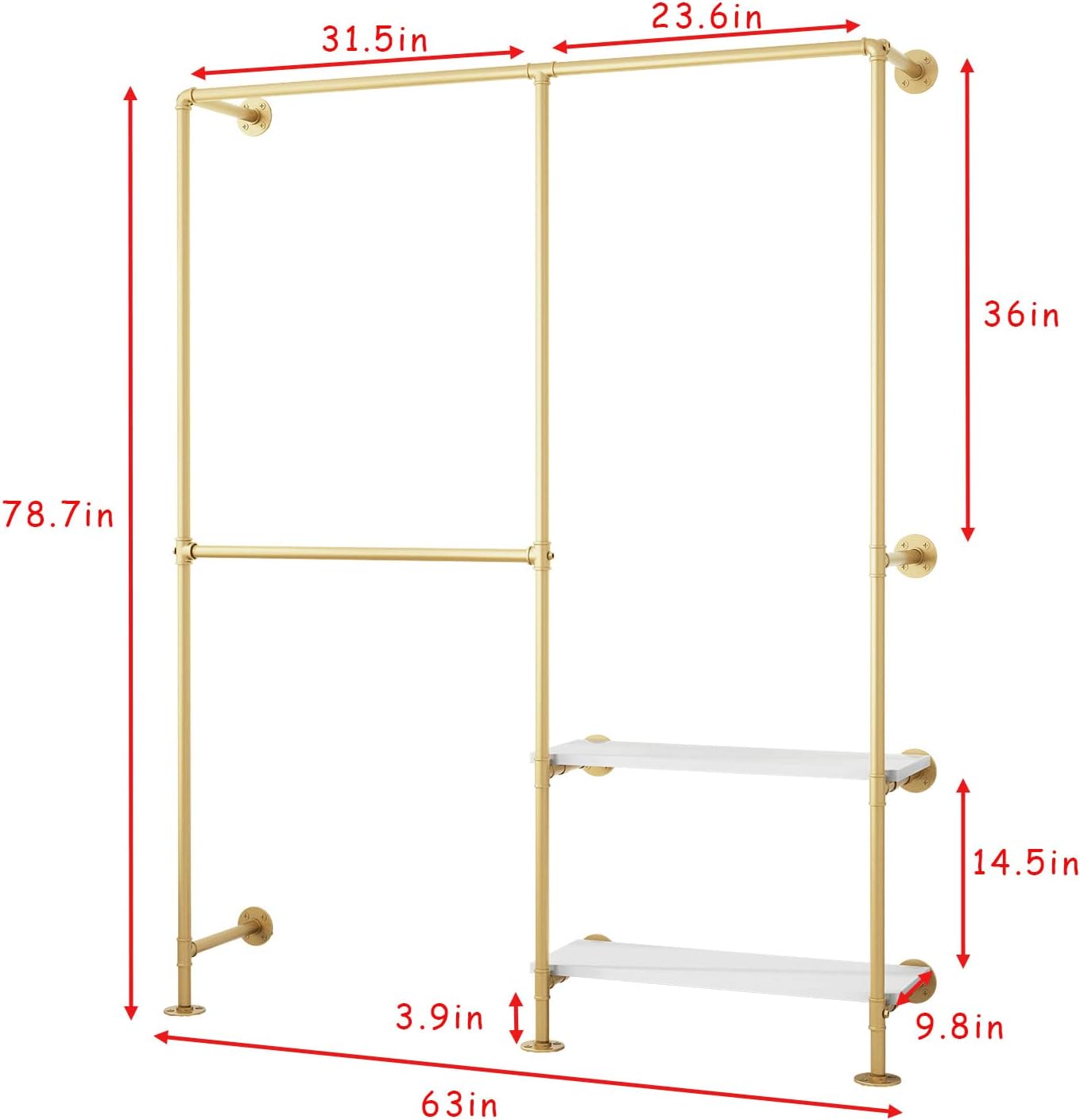 Gold Pipe Clothes Racks with White Shelves, Industrial Pipe Gold Clothing Rack with Double Hanging Rods, Heavy Duty Wall Mounted Clothing Rack Rod for Closet Storage, Bedroom