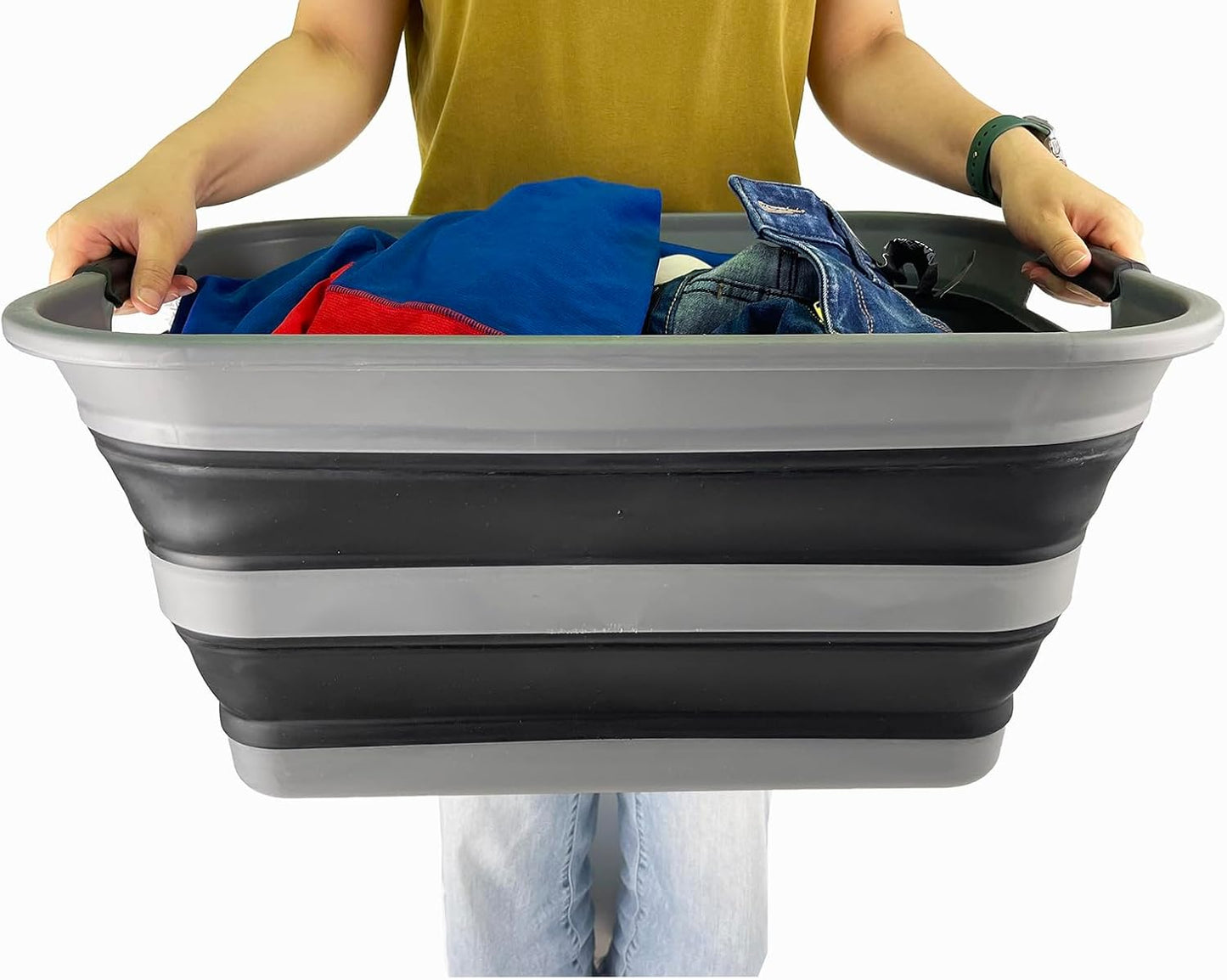 SAMMART 42L (11 Gallon) Collapsible Plastic Laundry Basket - Foldable Pop Up Storage Container/Organizer - Portable Washing Tub - Space Saving Hamper/Basket (1, Grey/Black)