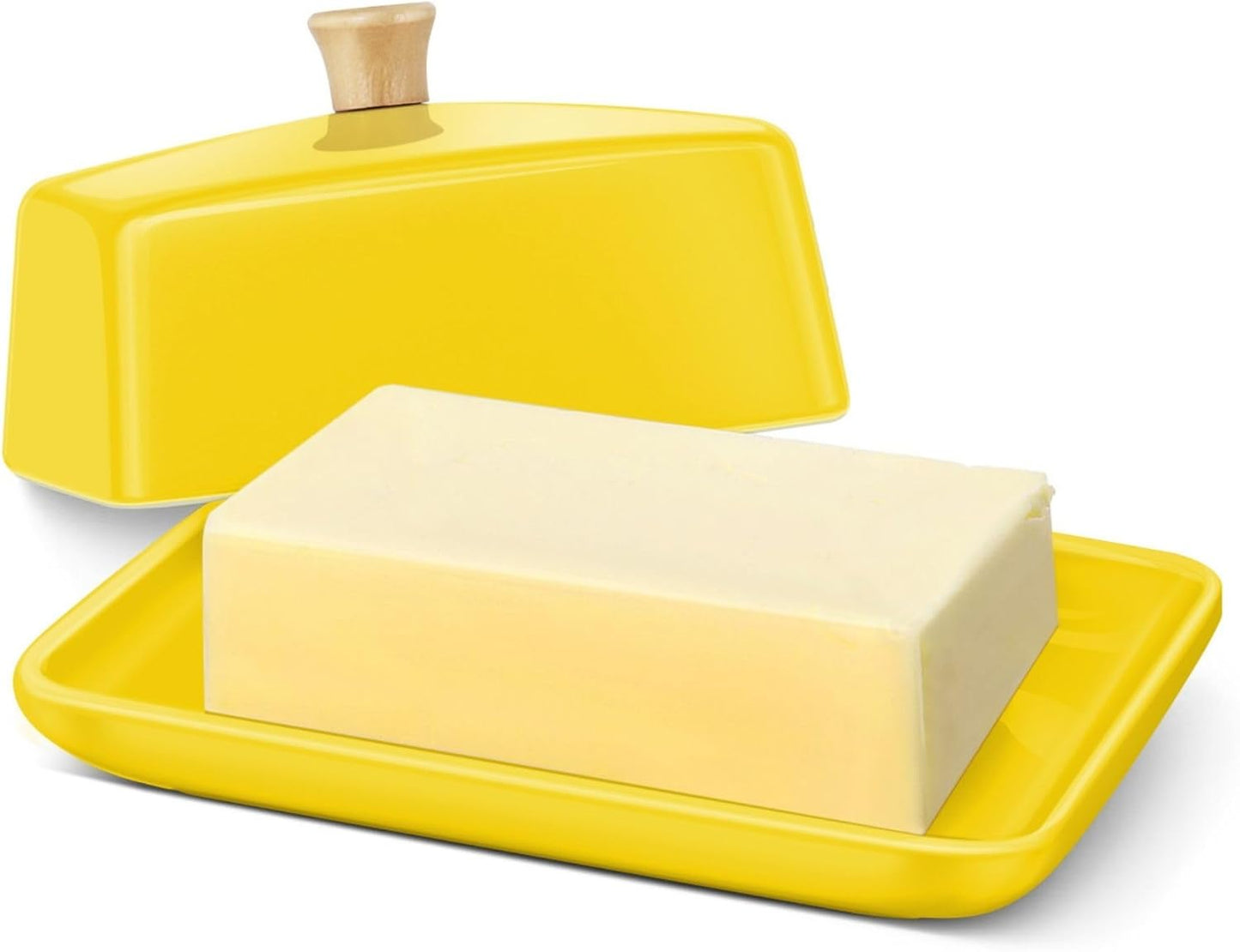 Flexzion Ceramic Yellow European Butter Dish with Lid for Countertop (8 Inch) - Wide 2 Stick Double Butter Holder for Counter, Cream Cheese Container Storage Keeper