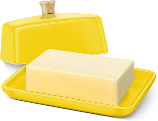Flexzion Ceramic Yellow European Butter Dish with Lid for Countertop (8 Inch) - Wide 2 Stick Double Butter Holder for Counter, Cream Cheese Container Storage Keeper
