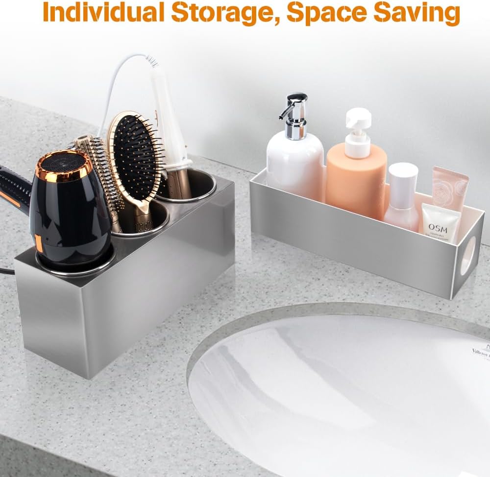 Hair Tool Organizer - Bathroom Vanity Organizers and Storage, Hair Styling Accessories Hot Tools Organizer Hair Dryer, Blow Dryer, Curling Iron, Flat Iron, Hair Straightener, Silver