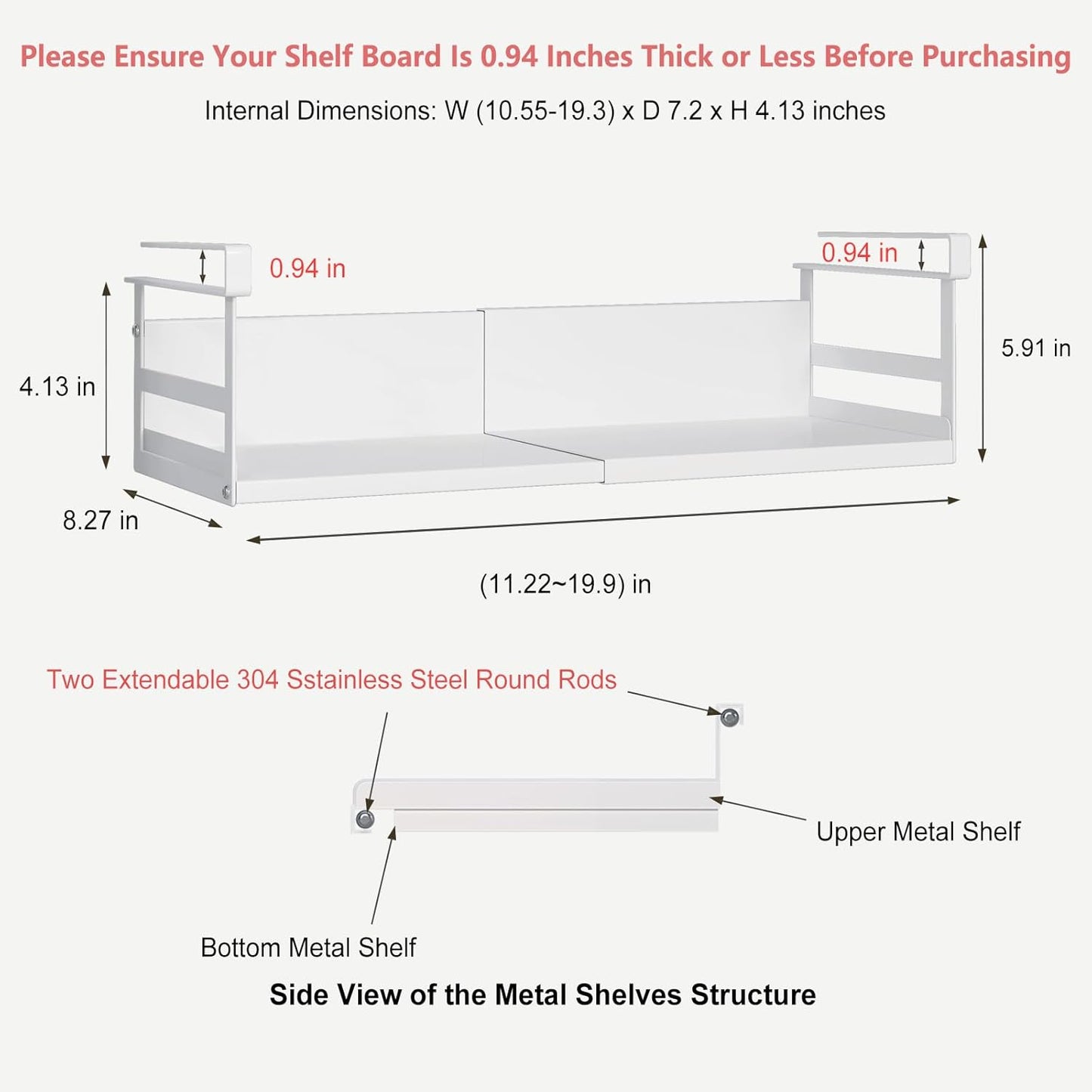 Expandable Under Cabinet Shelf Organizer with 0.94-Inch Thick Clips, Heavy Duty Extendable Under Shelf Storage Basket for Pantry or Laundry Room, White, 1 Pack, Interior: 4.13" H x 7.2" D