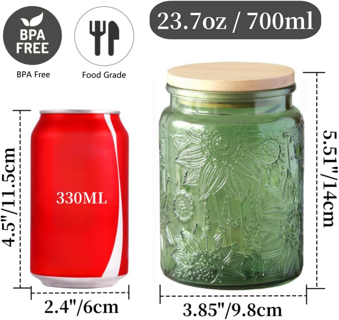 ANSQU Set of 2 Glass Jars with Lids, 23.7 FL OZ Vintage Glass Storage Jars, Cookie Jar Sugar Container for Kitchen Counter, Pantry, Candy Jar with Lid (Green, 2Pack)