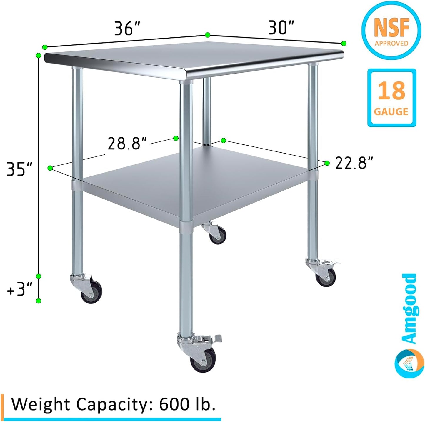AmGood 36" Long x 30" Deep Stainless Steel Table with Casters