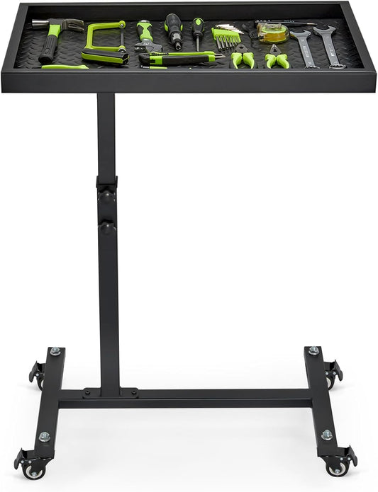 Adjustable Work Table with Wheels, Mechanic Rolling Tool Tray Table for Garage Repair Shops DIY, 220LBS Capacity Mobile Heavy Duty Steel Tool Cart (Black)
