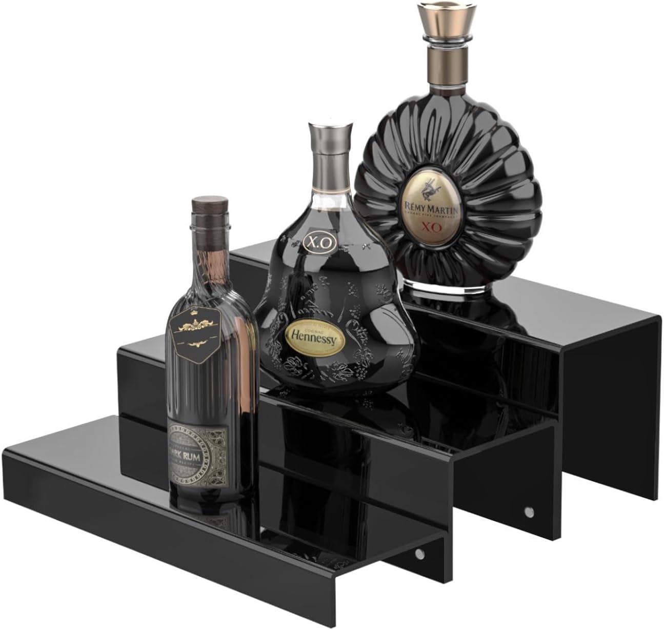 3 Tiers Bar Shelves for Liquor Bottles, 15" Black Acrylic Risers Display Racks Stands for Figures Pops Cupcake Perfume Collections (Patent: D1076520S)