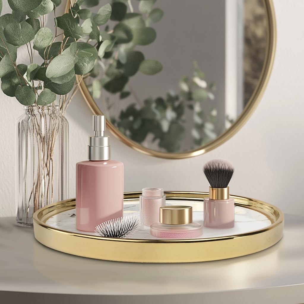 Vanity Perfume Round Decorative Storage Tray - White Circular Organizer for Bathroom, Bedroom Countertop - Dresser Tray for Perfume, Lotion Bottle, Cosmetics