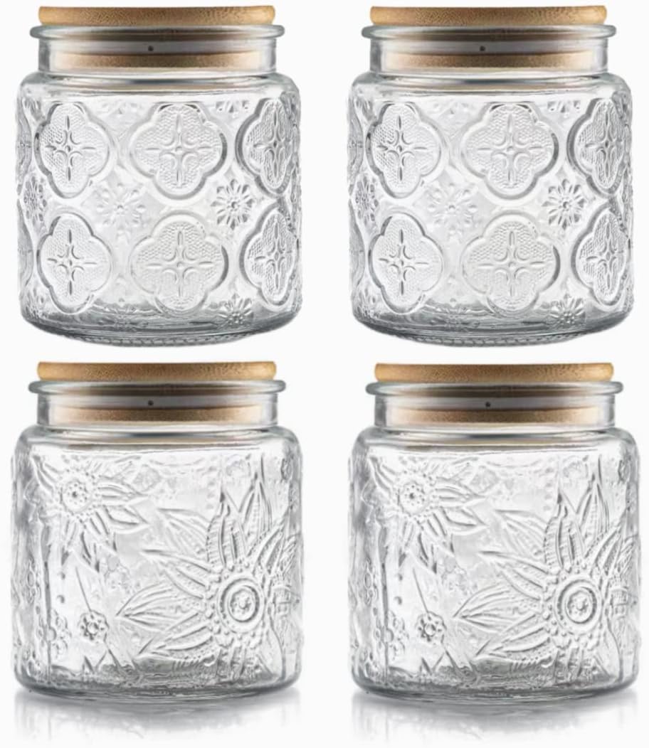 ANSQU Set of 4 Vintage Glass Airtight Storage Jars, 17 FL OZ Glass Storage Containers with Bamboo Lids, Canning Jar for Kitchen Counter, Pantry, Cookie, Coffee, Tea, Sugar, Cute Jars