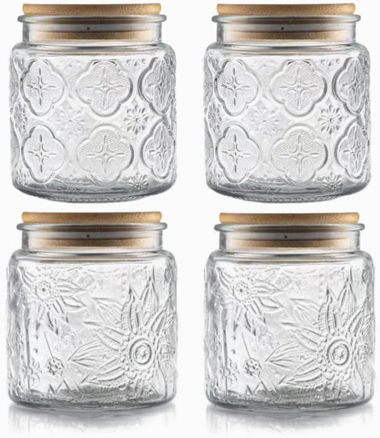 ANSQU Set of 4 Vintage Glass Airtight Storage Jars, 17 FL OZ Glass Storage Containers with Bamboo Lids, Canning Jar for Kitchen Counter, Pantry, Cookie, Coffee, Tea, Sugar, Cute Jars