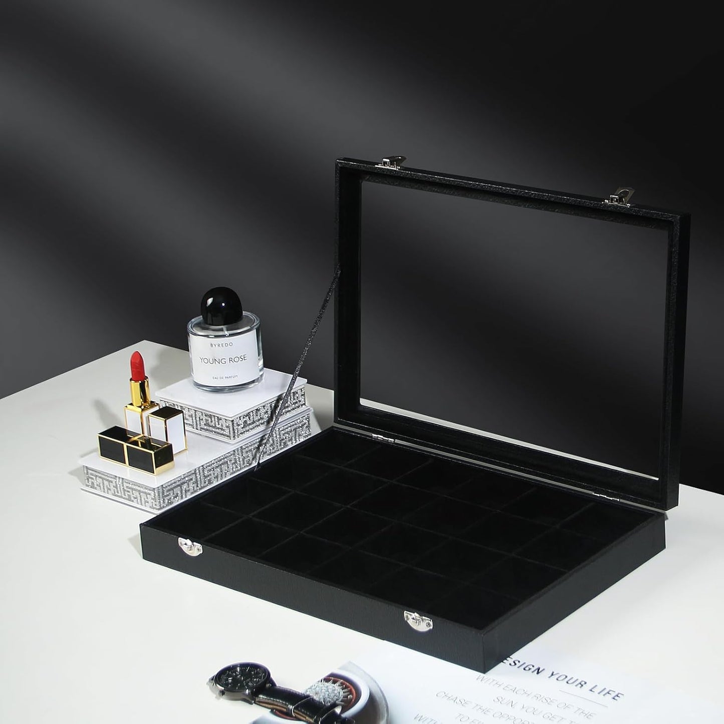 Coward Jewelry Organizer Box, Black Velvet 24 Grids Ring Earring Jewelry Display Tray Case with Transparent Glass Lid for Home Drawer or Shop Selling