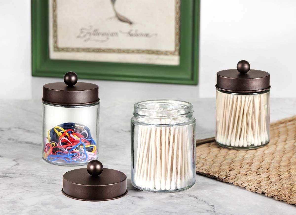 Amolliar 6Pc Apothecary Jars Bathroom Vanity Organizer- Rustic Farmhouse Decor Storage Canister with Stainless Steel Lids- Qtip Dispenser Holder for Q-Tips,Cotton Swabs,Rounds,Ball,Flossers (Bronze)